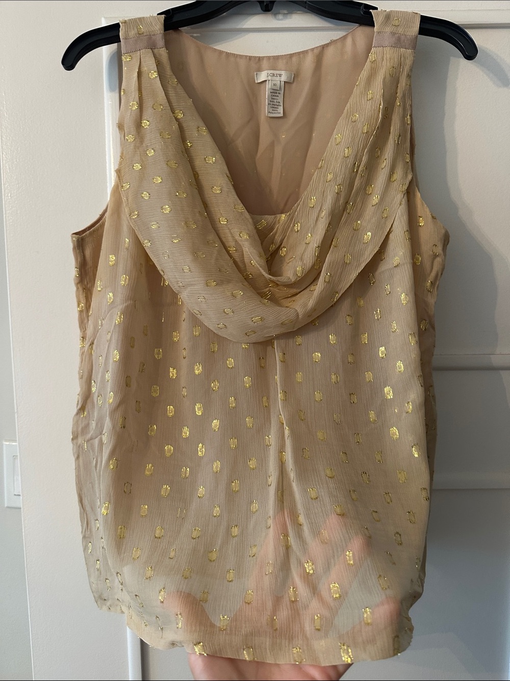 J. Crew Beige Sleeveless Cowl Neck Blouse with Gold Dot Accents